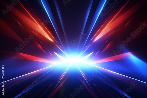 Blazing light burst with blue and red rays. Abstract background.