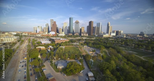 Wide angle drone view of downtown Houston, Texas and surrounding area 