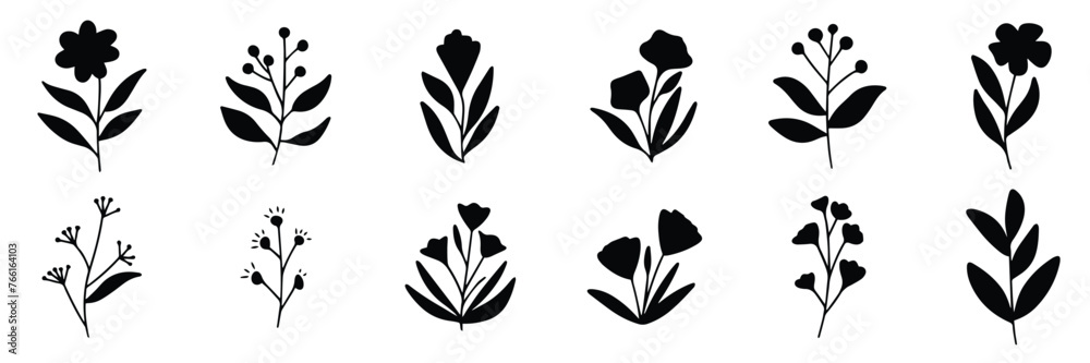 Big collection of flower silhouettes. Hand drawn vector art.