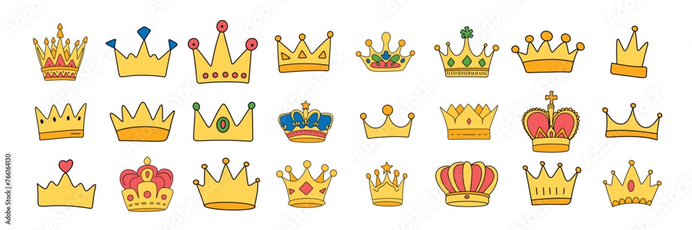 Collection of crowns in doodle style colored outline Hand drawn vector art Collection of crowns in doodle style colored outline Hand drawn vector art