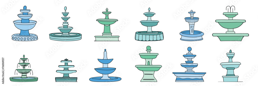Collection of fountains in doodle style colored outline Hand drawn vector art Collection of fountains in doodle style colored outline Hand drawn vector art