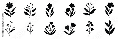 Big collection of flower silhouettes. Hand drawn vector art.