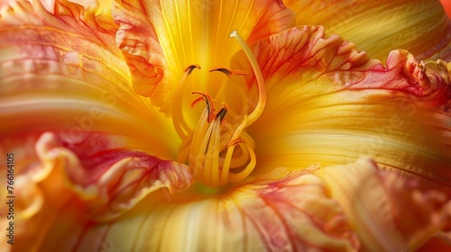 A detailed photograph of a Daylily flower with yellow and red petals.