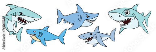 Collection of sharks in doodle style colored outline Hand drawn vector art