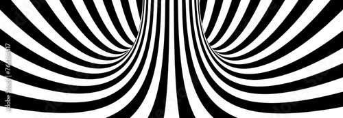Abstract Lines Vortex Bend Illusion Design. Black and White Hypnotic Twirl Striped Background. 3D Vortex Hole Optical Illusion. Vector Illustration.