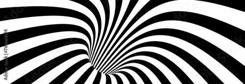 Abstract Lines Vortex Bend Illusion Design. Black and White Hypnotic Twirl Striped Background. 3D Vortex Hole Optical Illusion. Vector Illustration.