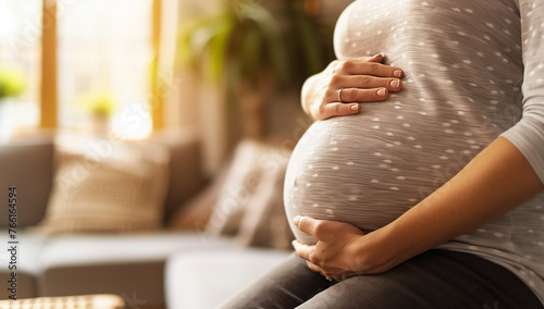 Close-up of a pregnant woman's belly, with hands holding her belly in a home environment, focusing on her hand and her round belly with a blurred background