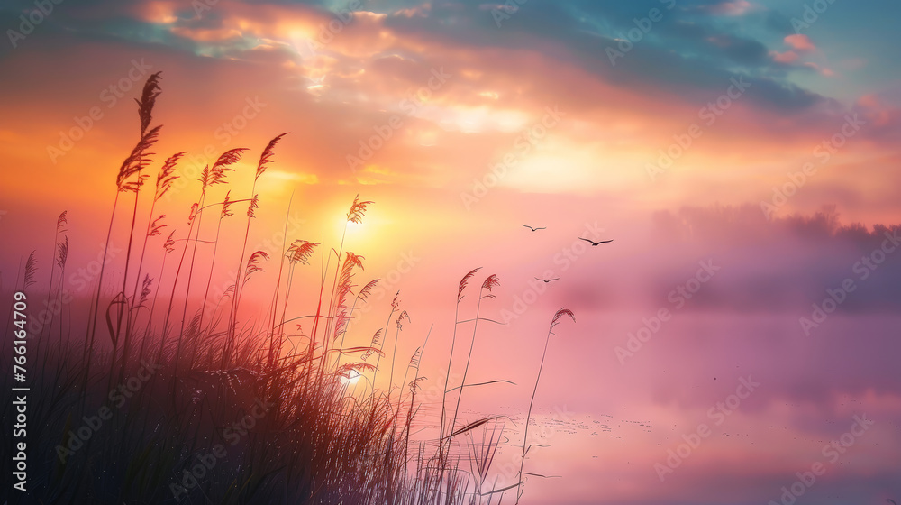 Enigmatic Sunset Veiled in Fog. Generative AI Enigmatic Sunset Veiled in Fog. Generative AI