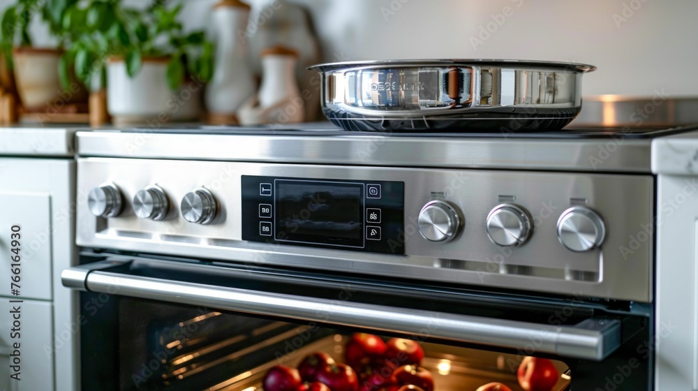 Modern Kitchen with Stainless Steel Pan on Induction Cooktop. Generative ai Modern Kitchen with Stainless Steel Pan on Induction Cooktop. Generative ai