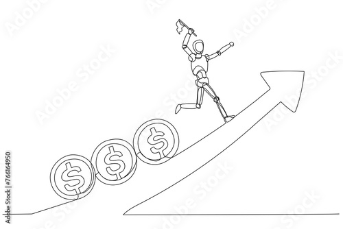 Minimalist illustration portrays a robot relentlessly pursued by rolling dollar coins. The scene symbolizes the unceasing quest for wealth in an upward journey.
