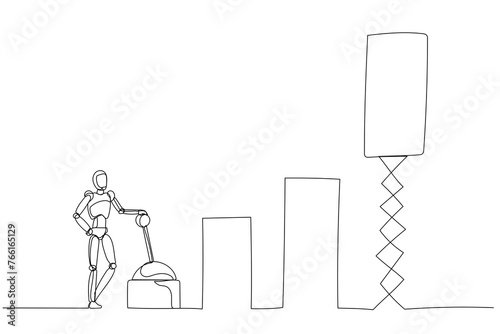 minimalist, line-drawn scene where a robot interacts with a lever amidst abstract geometric shapes photo
