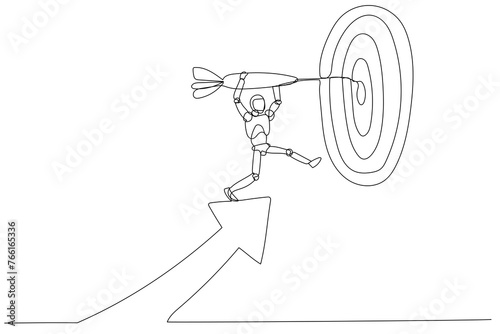 Simple line drawing robot’s stretch towards the bullseye. Essence of aiming for a goal or target, representation of ambition and achievement
