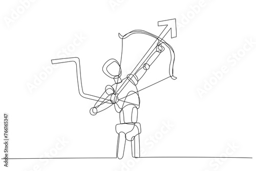 Simple line drawing of Robot archer, pulling back the string of a bow and aiming upwards showcasing the tension and focus involved in aiming for a goal and objective