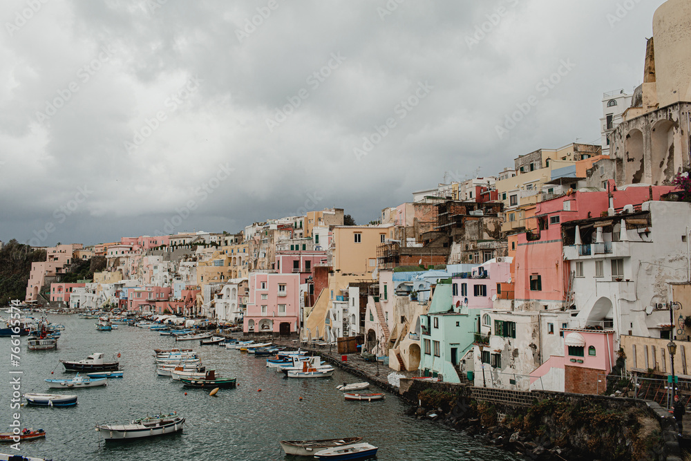 Coastal view of old historic Italian architecture. Traditional European old town buildings in Procida Island, Italy. Vacation travel background