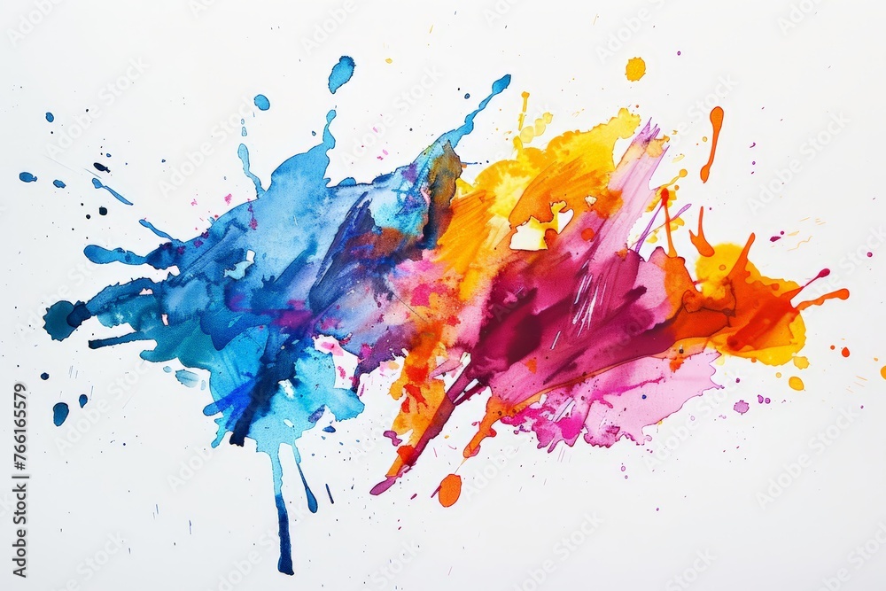 Various colors of paint splattered haphazardly on a pristine white surface, creating a vibrant and dynamic visual effect