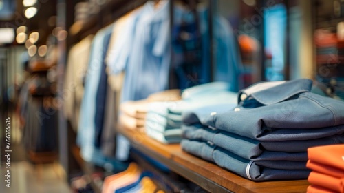 Fashionable Menswear Displayed on Wooden Shelves in Clothing Store. Generative ai