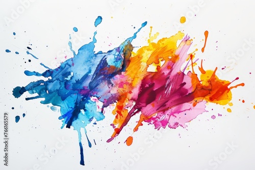 Various colors of paint splattered haphazardly on a pristine white surface, creating a vibrant and dynamic visual effect