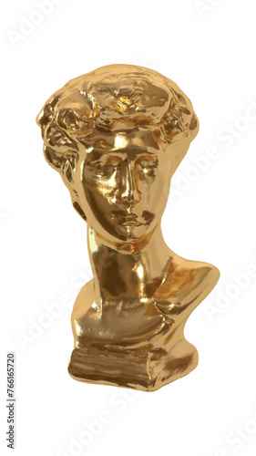 Gold Statue of the head of David. Golden David sculpture. Realistic 3d design isolated on white background. Vector illustration