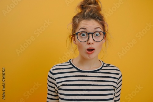 Young student girl very surprised by something. Beautiful nerdy young woman in striped top and glasses isolated on yellow background looking at camera with funny, shocked, astonished face expression