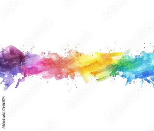 Multicolored paint splatter in rainbow hues on a white surface, creating a vibrant and dynamic visual effect