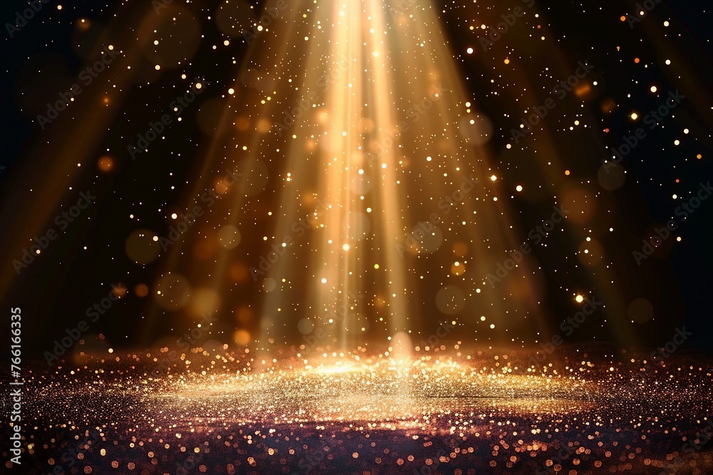 Stage light and golden glitter lights on floor. Abstract gold background for display your product. Spotlight realistic ray. generative ai - obrazy, fototapety, plakaty 