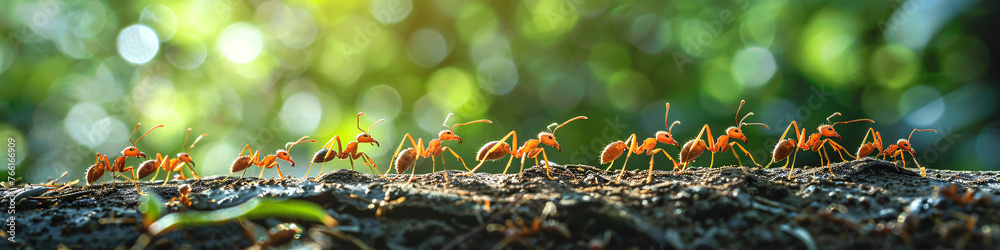 Fila de hormigas transportando comida - obrazy, fototapety, plakaty 