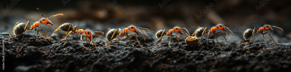 Fila de hormigas transportando comida - obrazy, fototapety, plakaty 