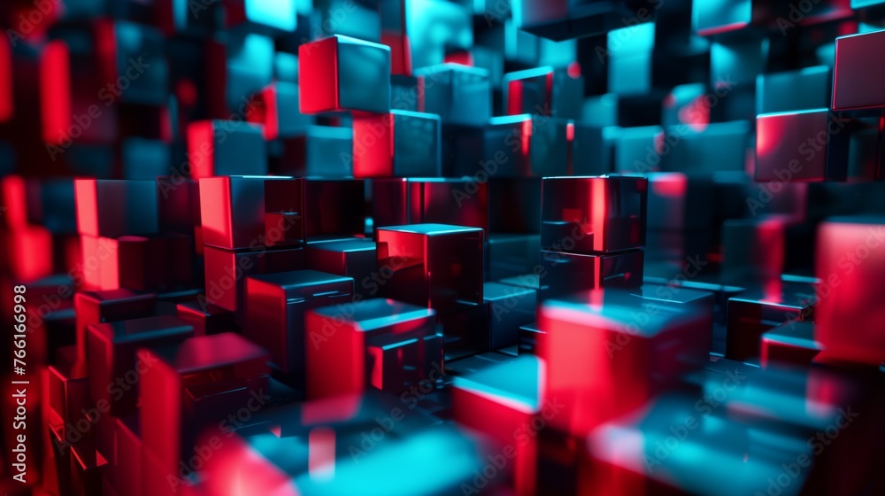 Una superficie formada por cubos de diferentes tonos rojos y azules, ambiente tecnológico Una superficie formada por cubos de diferentes tonos rojos y azules, ambiente tecnológico