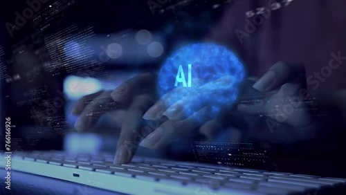 business woman uses brain AI artificial intelligence brain on big data matrix Animation Big Data Processing, Science, Generative technology, commands, prompts photo