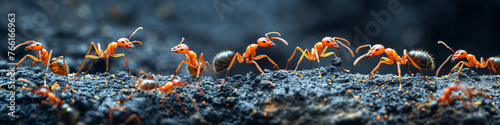 Fila de hormigas transportando comida photo