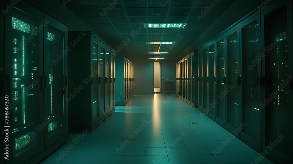 a computer server room is illuminated with lights and lights in the hallway