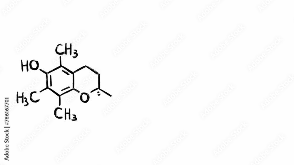 Package of scribble hand drawn animation of vitamin E chemical formula and molecular structure made in black color on white background. Scientific compound of alpha tocopherol. Fat soluble antioxidant Package of scribble hand drawn animation of vitamin E chemical formula and molecular structure made in black color on white background. Scientific compound of alpha tocopherol. Fat soluble antioxidant