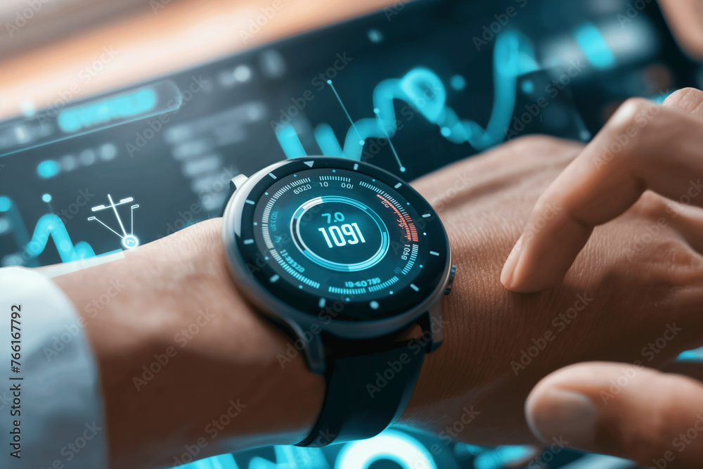 Fototapeta premium Close-up landscape businessman is wearing a smartwatch gadget and using a smartphone device. A person touches and uses a screen application from Narika to measure his heart rate.