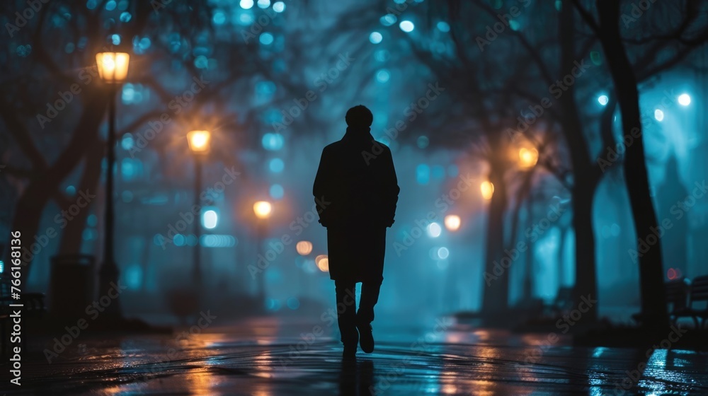 Naklejka premium Silhouette of man go through city park at night. Mysterious person walks at dusk. Urban lighting. Foggy weather, mystical atmosphere. Lonely man returns home late at night. Overtime, working late.