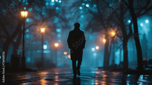 Silhouette of man go through city park at night. Mysterious person walks at dusk. Urban lighting. Foggy weather, mystical atmosphere. Lonely man returns home late at night. Overtime, working late. photo