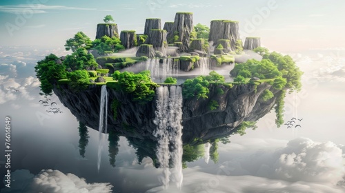 Flying land with beautiful landscape, green grass and waterfalls mountains. 3d illustration of floating forest island isolated with clouds © JovialFox