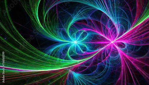 an electrifying abstract neon fractal wallpaper, showcasing dynamic fractal formations illuminated in neon hues of blue, pink, and green, set against a deep black backdrop, with intricate patterns and