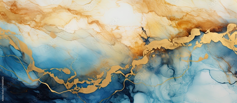 Fototapeta premium A detailed closeup of a mesmerizing blue and gold marble painting, resembling a natural landscape with hints of water, sky, and cumulus clouds