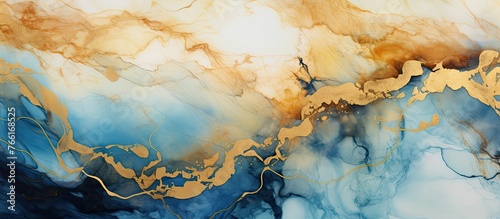 A detailed closeup of a mesmerizing blue and gold marble painting, resembling a natural landscape with hints of water, sky, and cumulus clouds