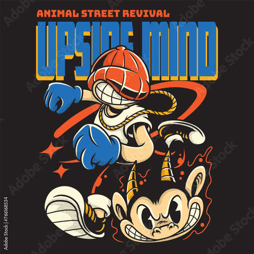 Devil Monkey Head with Orange Beanie in Streetwear Cartoon Illustration (ID: 766168534)