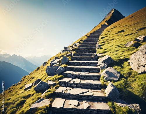 A mountain peak reached by climbing stairs, symbolizing the journey of achieving success in business