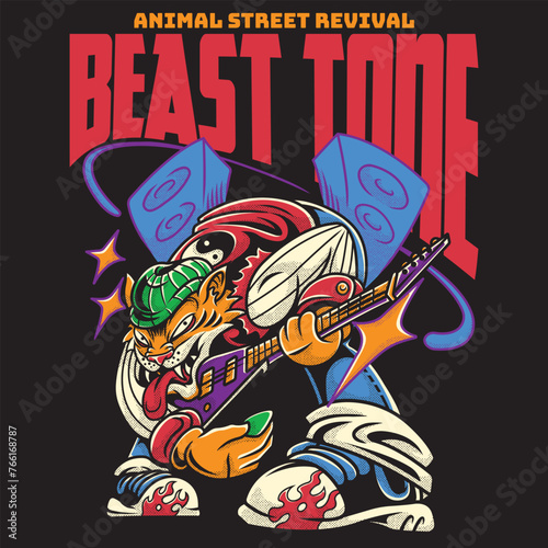 Guitarist Tiger in Streetwear Cartoon Illustration (ID: 766168787)