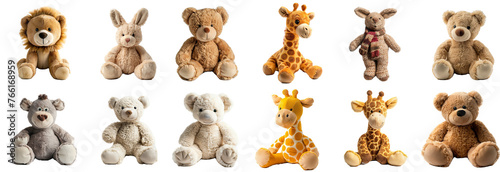 Stuffed animal collection - plush dolls soft and cuddly on transparent png background
