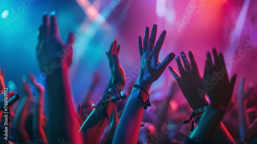 Vibrant Hands of Music Enthusiasts Sway and Clap in Unison, Illuminated by Colorful Stage Lights. Energetic and Joyful Concert Atmosphere Concept.