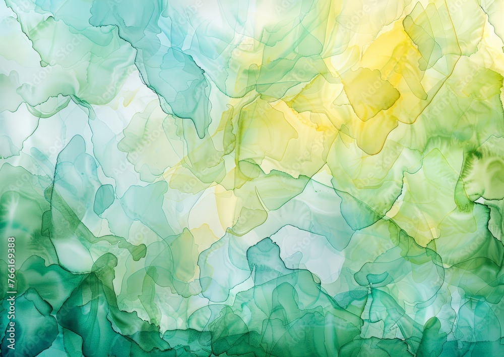 An abstract painting showcasing vibrant green and yellow colors in dynamic shapes and patterns