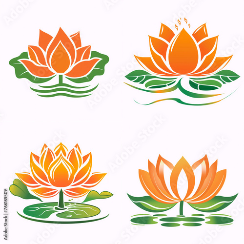 Set of orange lotus flower with leaves logo.	