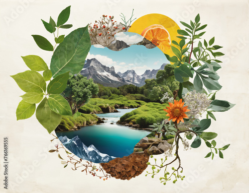 A mixed media collage incorporating elements of nature to symbolize the organic growth and interconnectedness of diverse businesses photo