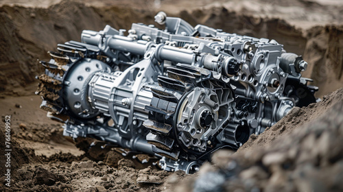 A heavy-duty transfer case, with multiple gear ratios and robust internals, distributing power to the truck's axles