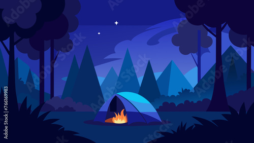 Discover the Enchantment A Blue Tent Amidst the Woods with a Campfire