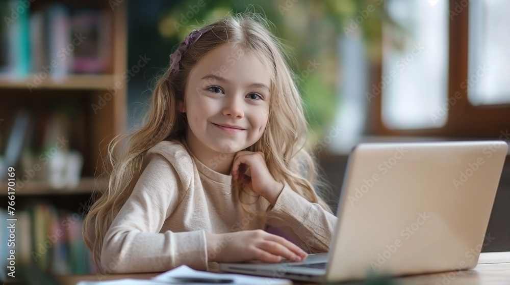 Adored blonde cute little girl smiling and doing homework on laptop at extra distance learning school classes Adored blonde cute little girl smiling and doing homework on laptop at extra distance learning school classes